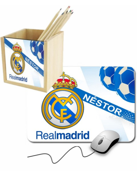 PACK Portalápices madera Real Madrid + Alfombrilla