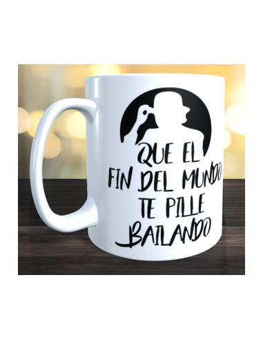 Taza que el fin del mundo nos pille bailando + llavero