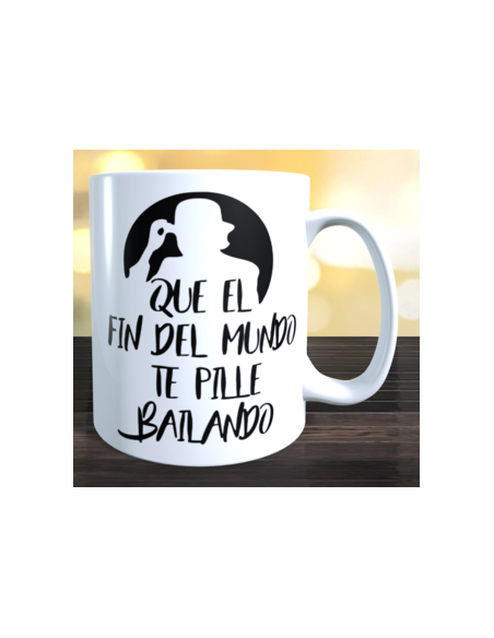 Taza que el fin del mundo nos pille bailando + llavero